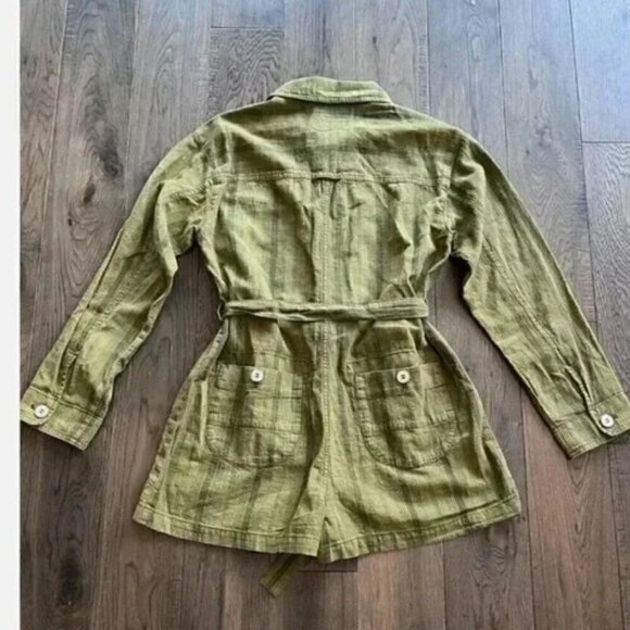 Pilcro Linen Belted Romper Jumpsuit Moss Green Stripe Size XXS NWT Anthropologie - Picture 4 of 7